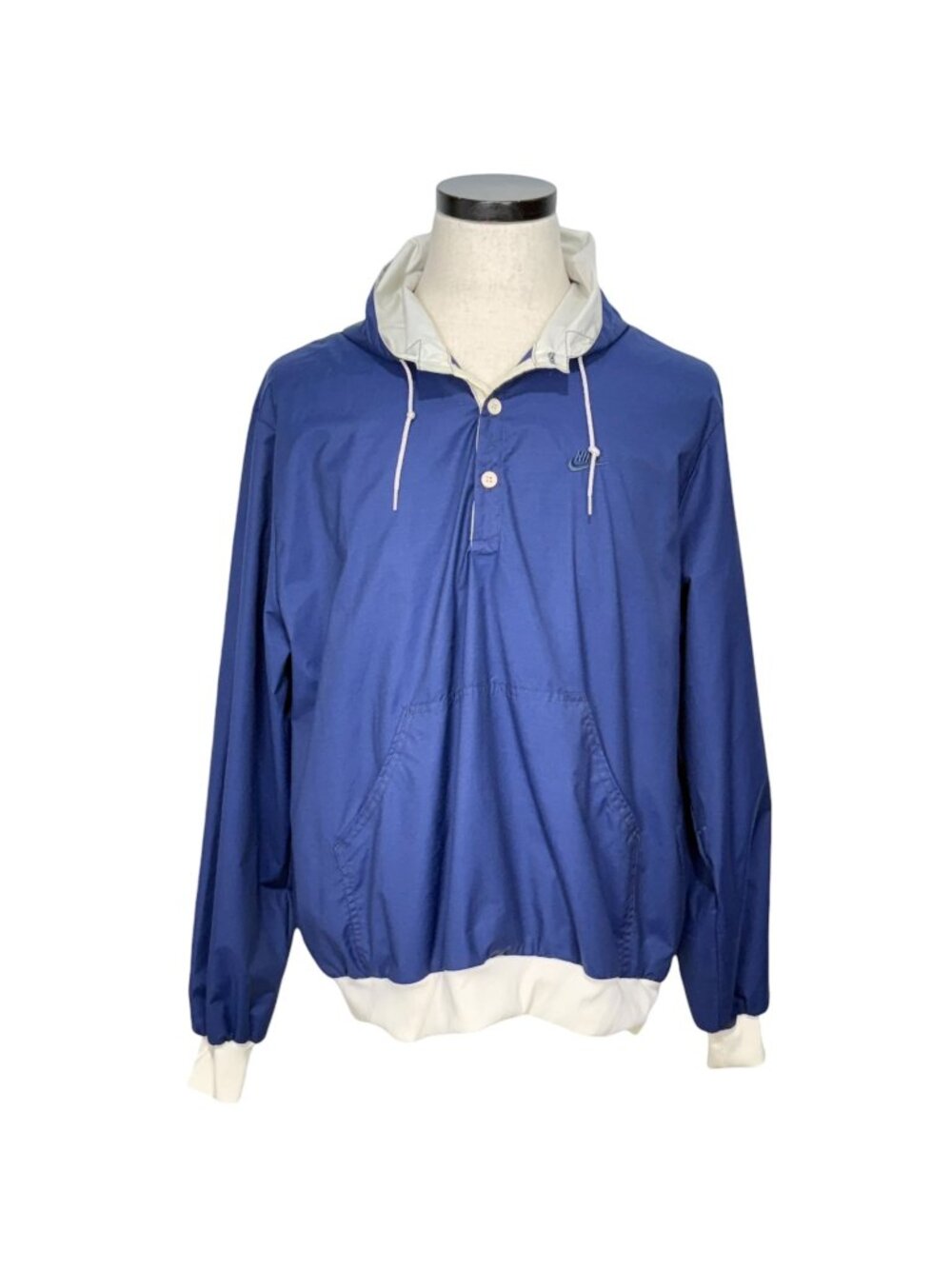 Nike 80s Mens Blue Hooded Pullover  With White Trim Kangaroo Pocket Large